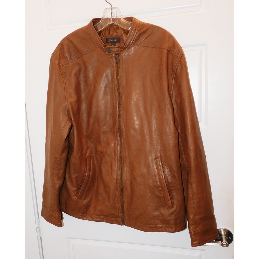 Tasso Elba Caramel Brown Leather Zip Jacket $350rt sz M